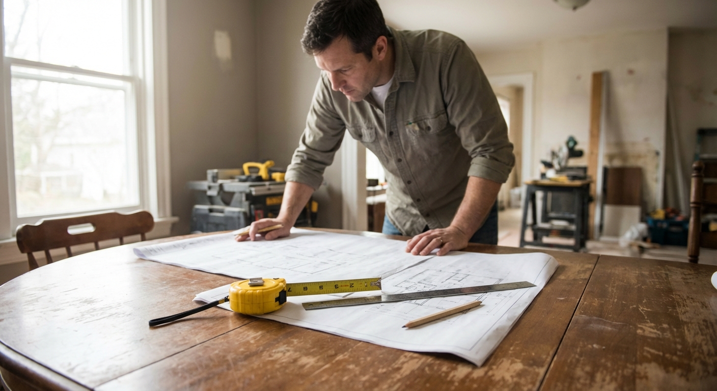 propriétaire étudiant un plan d'extension de maison posé sur une table avec des outils de mesure