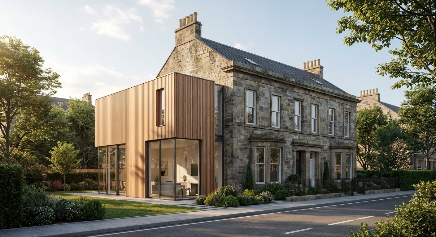 façade de maison ancienne avec extension contemporaine en bois, dans un quartier résidentiel