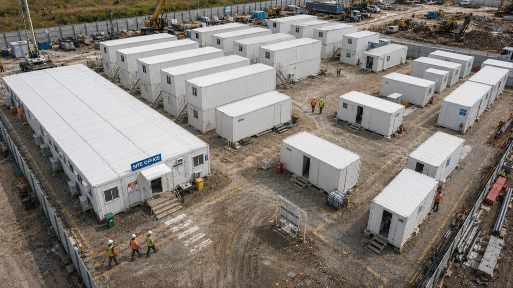 vue d'ensemble d'une base vie de chantier BTP avec modules préfabriqués, vestiaires et sanitaires