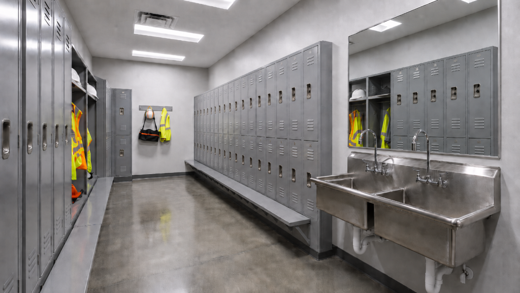 intérieur d'un module de vestiaire de chantier conforme, avec armoires individuelles et lavabos