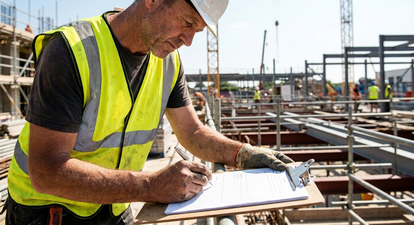 artisan du bâtiment sur un chantier de construction signant des documents d'assurance