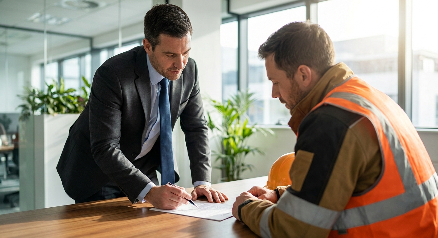 conseiller courtier en assurance expliquant un contrat à un professionnel du bâtiment dans un bureau
